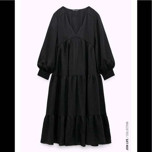 NWT Zara Black Textured Midi Long Sleeve Dress XS 0881/314 - Picture 1 of 5